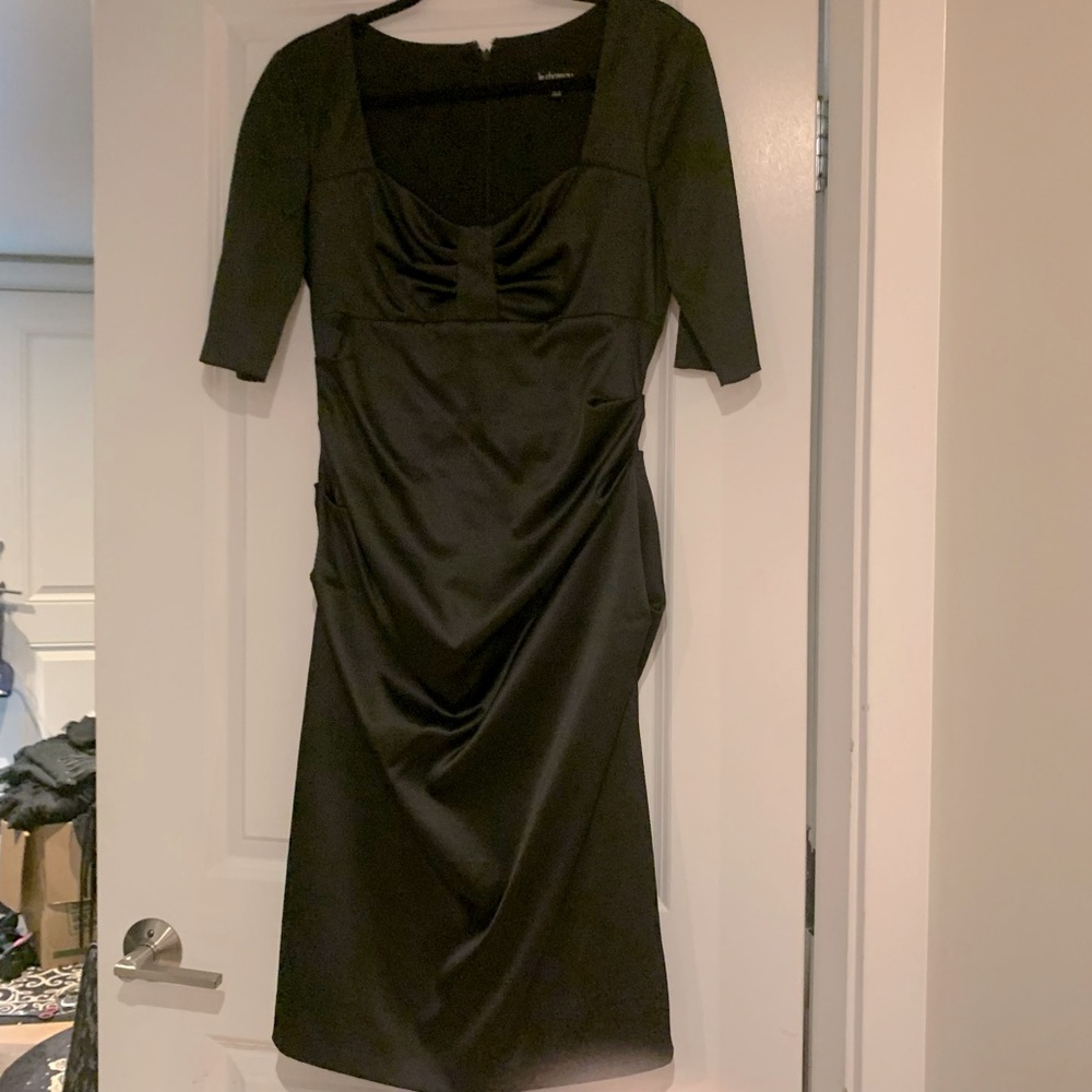 Le Chateau Black Satin Ruched Pencil Dress